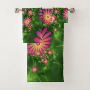 Pink Fantasy Flowers Modern Abstract Fractal Art Bath Towel Set