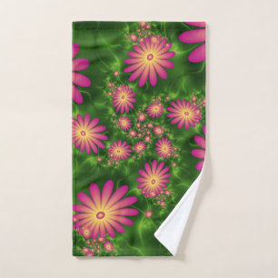 Pink Fantasy Flowers Modern Abstract Fractal Art Hand Towel