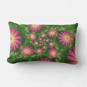 Pink Fantasy Flowers Modern Abstract Fractal Art Lumbar Pillow
