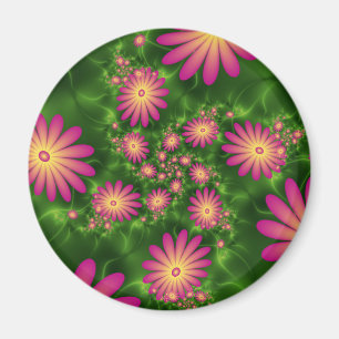 Pink Fantasy Flowers Modern Abstract Fractal Art Magnet