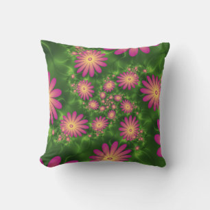 Pink Fantasy Flowers Modern Abstract Fractal Art Outdoor Pillow