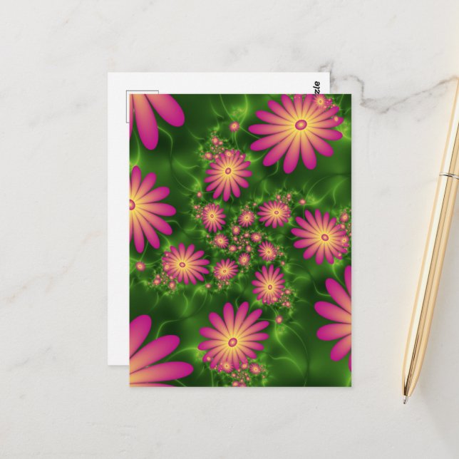 Pink Fantasy Flowers Modern Abstract Fractal Art Postcard (Front/Back In Situ)