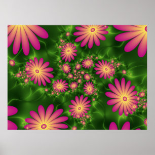 Pink Fantasy Flowers Modern Abstract Fractal Art Poster