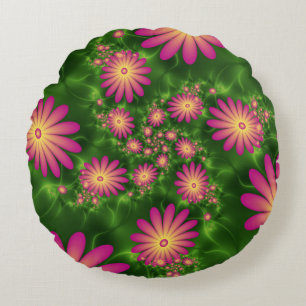 Pink Fantasy Flowers Modern Abstract Fractal Art Round Pillow