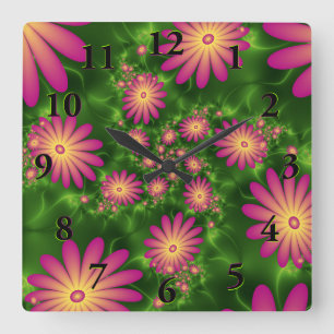 Pink Fantasy Flowers Modern Abstract Fractal Art Square Wall Clock