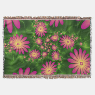 Pink Fantasy Flowers Modern Abstract Fractal Art Throw Blanket