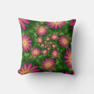 Pink Fantasy Flowers Modern Abstract Fractal Art Throw Pillow
