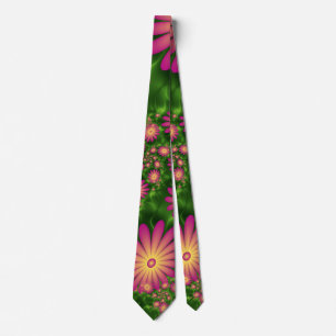 Pink Fantasy Flowers Modern Abstract Fractal Art Tie