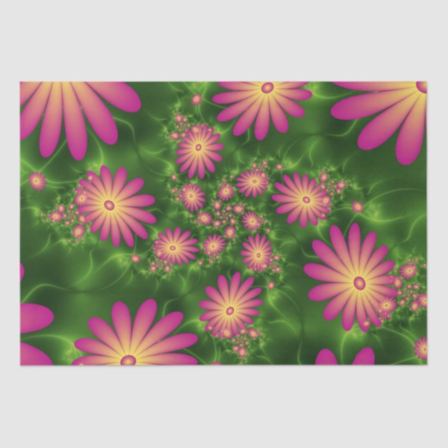 Pink Fantasy Flowers Modern Abstract Fractal Art Tissue Paper (Front)
