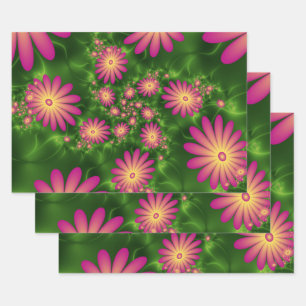 Pink Fantasy Flowers Modern Abstract Fractal Art Wrapping Paper Sheet