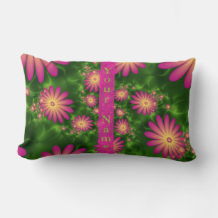 Pink Fantasy Flowers Modern Abstract Fractal Name Lumbar Pillow