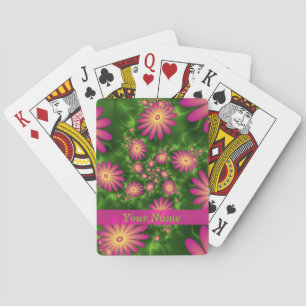 Pink Fantasy Flowers Modern Abstract Fractal Name Playing Cards