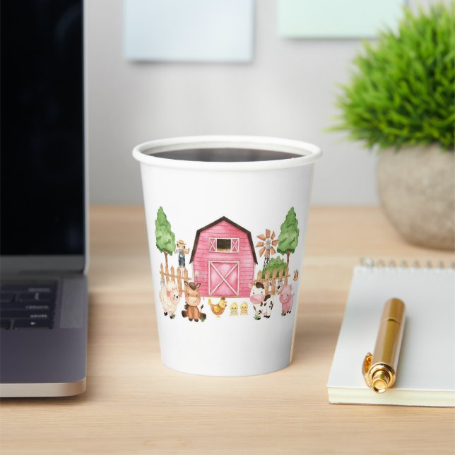 Pink Farm Animals Baby Shower Paper Cups (Insitu)