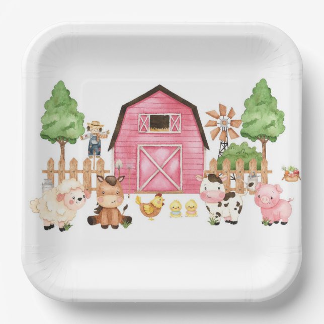 Pink Farm Animals Baby Shower Paper Plate (Front)