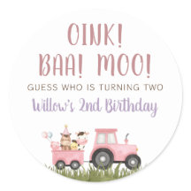 Pink Farm Animals Birthday Classic Round Sticker