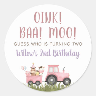 Pink Farm Animals Birthday Classic Round Sticker