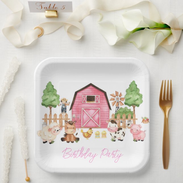 Pink Farm Animals Birthday Party Paper Plate (Wedding)