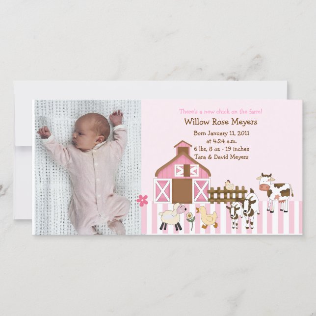 Pink Farm Animals Photo Birth Announcement 8x4 (Front)