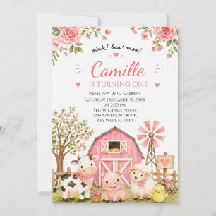 Pink Farm Animals Watercolor Girl Birthday Invitation