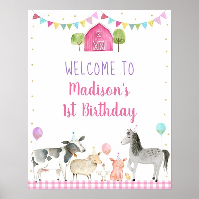 Pink Farm Barnyard Affiche de bienvenue d'annivers (Devant)