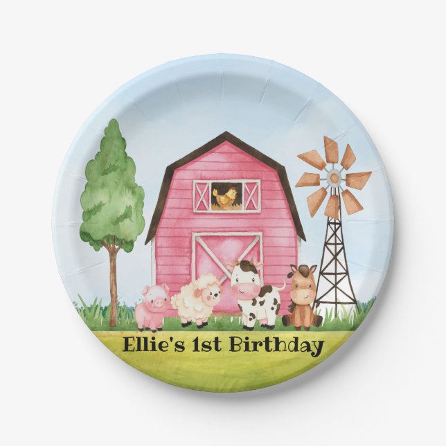 Pink Farm Barnyard Birthday Plates (Front)