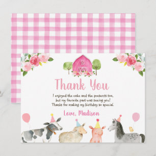 Pink Farm Barnyard Birthday Thank You Card