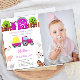 Pink Farm Birthday Invitations with photo