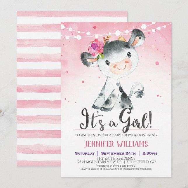 Pink Farm Cow Baby Shower Girl Invitation (Front/Back)