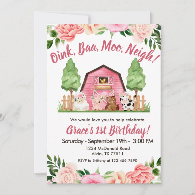 Pink Farm Floral Barnyard 1st Birthday Invitation (Front)