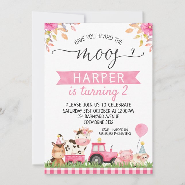Pink Farm Have You Heard The  Moos Birthday Invitation (Front)