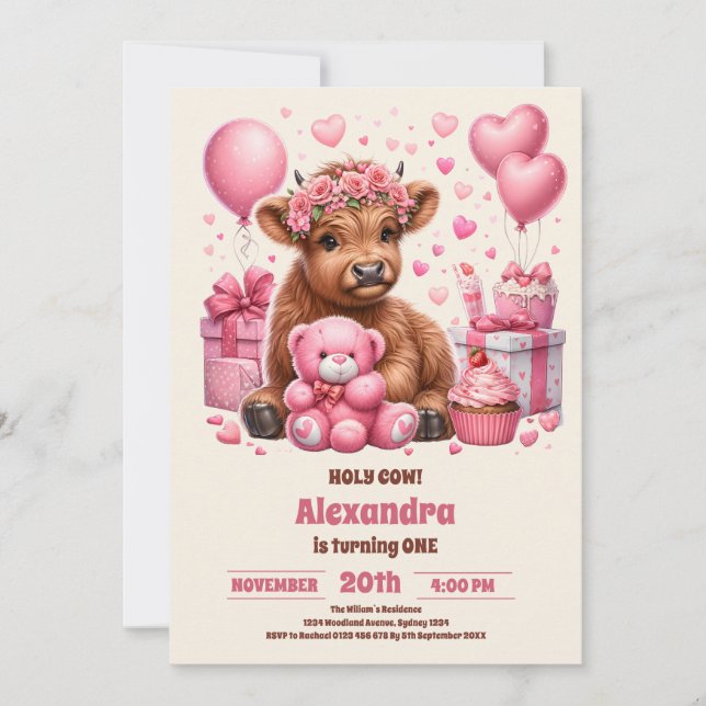 Pink Farm Holy Cow Highland 1st Birthday Invitation (Front)