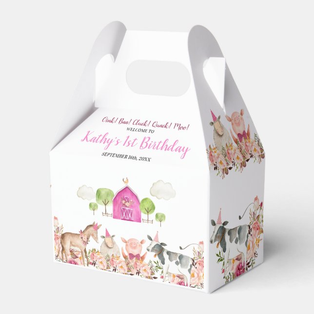 Pink Farm House Animals Barnyard 1st Birthday Favor Box (Front Side)