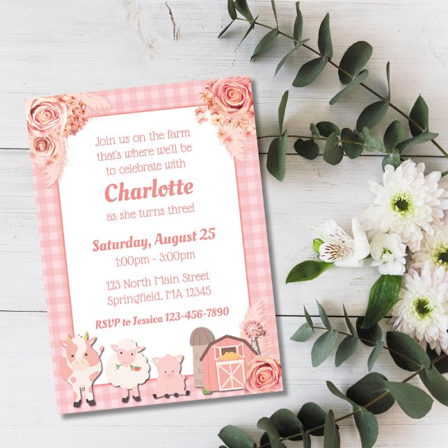 Pink Farm Invitation Anniversaire Pink Floral Anim (Créateur téléchargé)