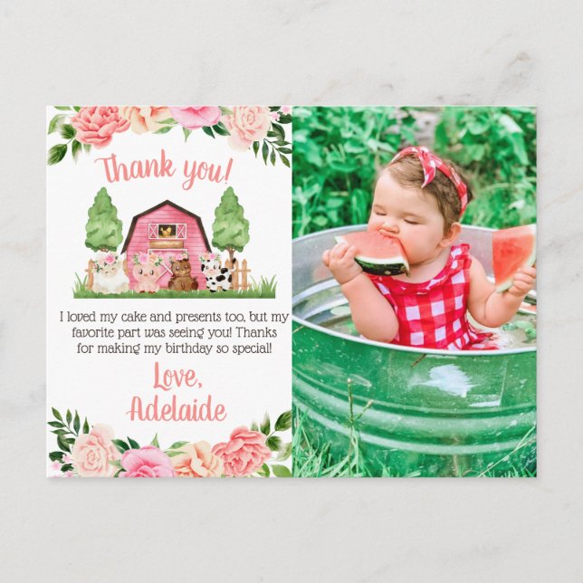 Pink Farm Photo 1er Anniversaire Merci Carte posta (Devant)