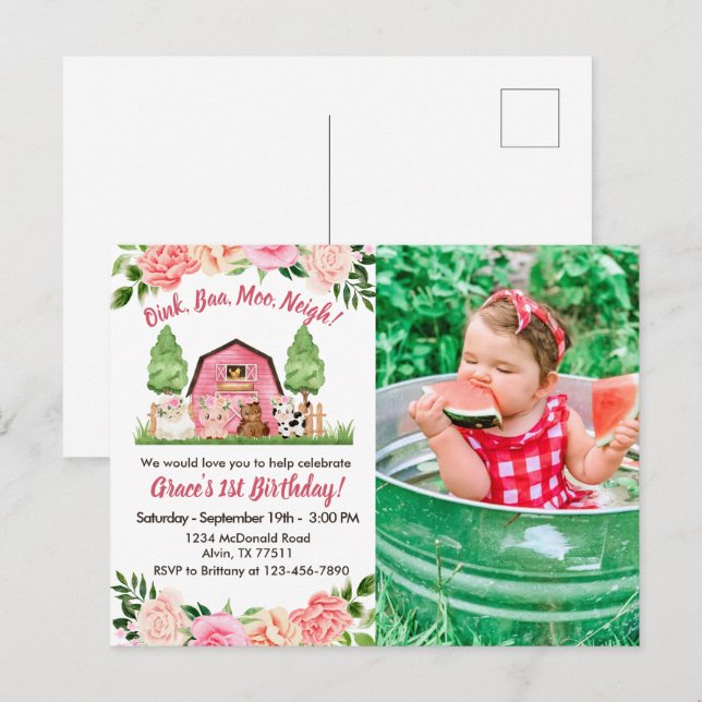 Pink Farm Photo 1st Birthday Invitation Postcard (Front/Back)