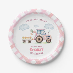 Pink Farm Tractor Girl Any Age Birthday Paper Plate