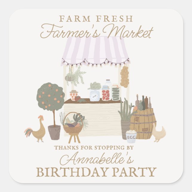 Pink Farmers Market Farm Fresh Birthday Favour Square Sticker (Front)