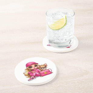 Pink Fashion Doll and Puppy Fleece Blanket Coaster