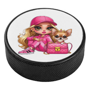 Pink Fashion Doll and Puppy Fleece Blanket Hockey Puck