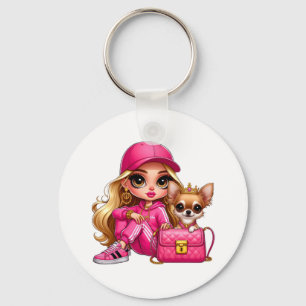 Pink Fashion Doll and Puppy Fleece Blanket Keychain