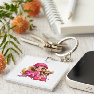 Pink Fashion Doll and Puppy Fleece Blanket Keychain
