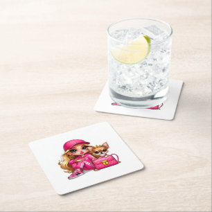Pink Fashion Doll and Puppy Fleece Blanket Square Paper Coaster