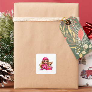Pink Fashion Doll and Puppy Fleece Blanket Square Sticker