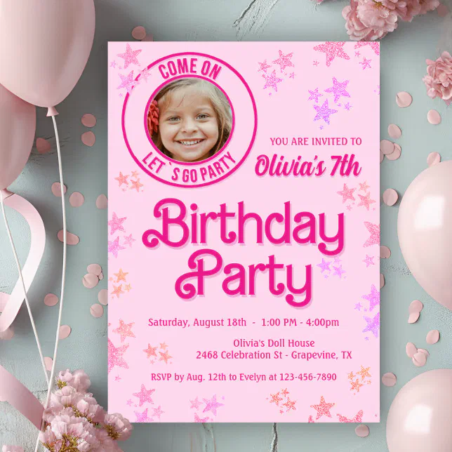 Pink Fashion Doll Photo Birthday Party Invitation | Zazzle