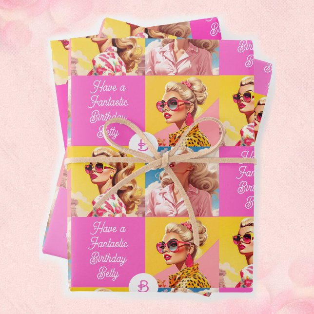 Pink Fashion Personalize Text Girl's Birthday Wrapping Paper Sheet (Creator Uploaded)