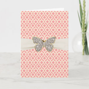 Pink Faux Diamonds Silver Butterfly Birthday Card