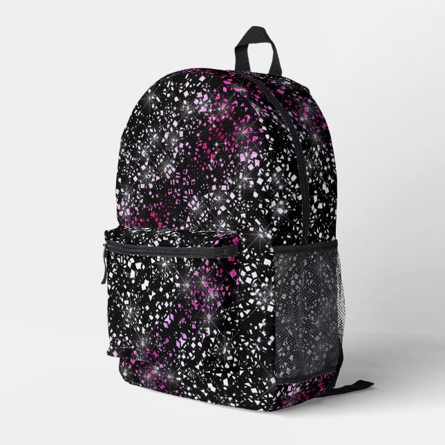 Pink Faux Glass Glitter Sparkle on Black Printed Backpack (Back Corner Right)