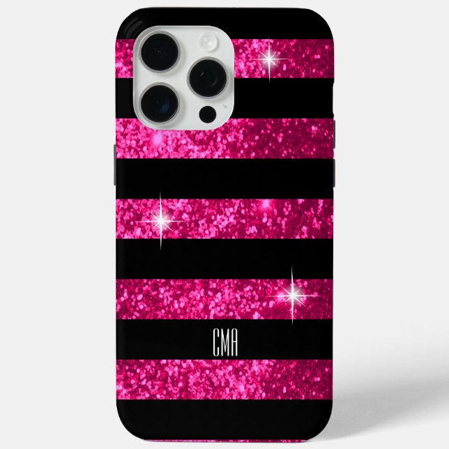 Pink Faux Glitter & Black Stripes | DIY Monogram Case-Mate iPhone Case (Back)