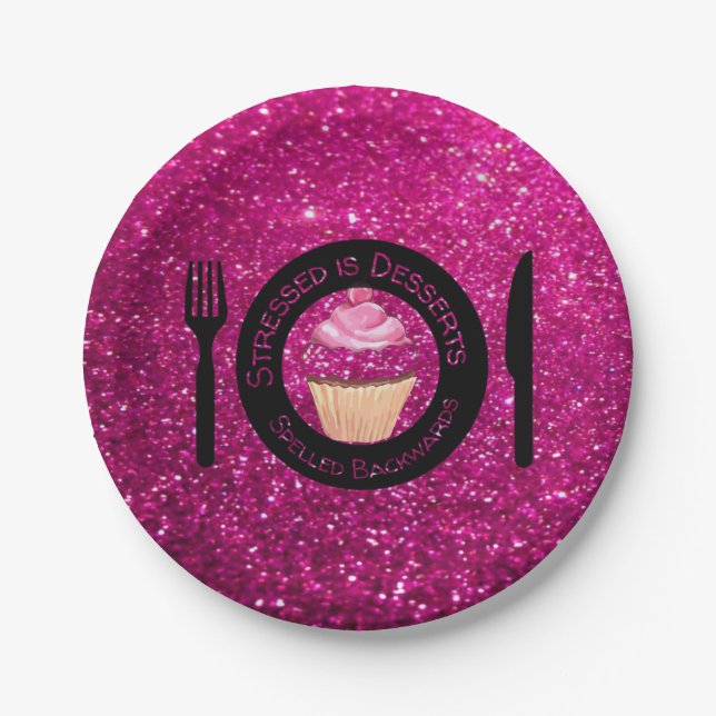 Pink Faux Glitter Cupcakes Paper Plates (Front)