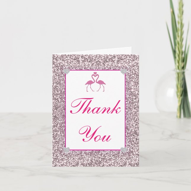 Pink Faux Glitter Flamingo Love Thank You Card (Front)